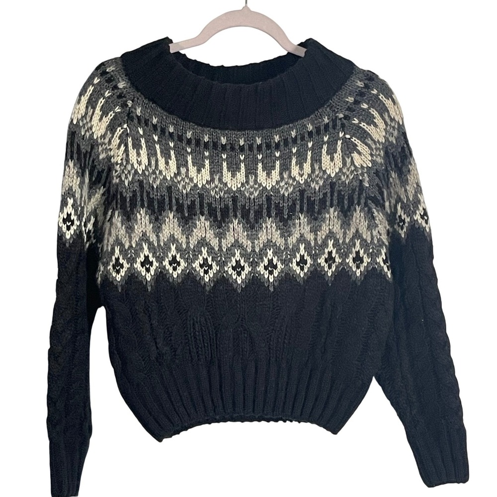 John + Jenn Fair Isle Cable Knit Sweater XS Black Cream Cozy Winter Ski Lodge